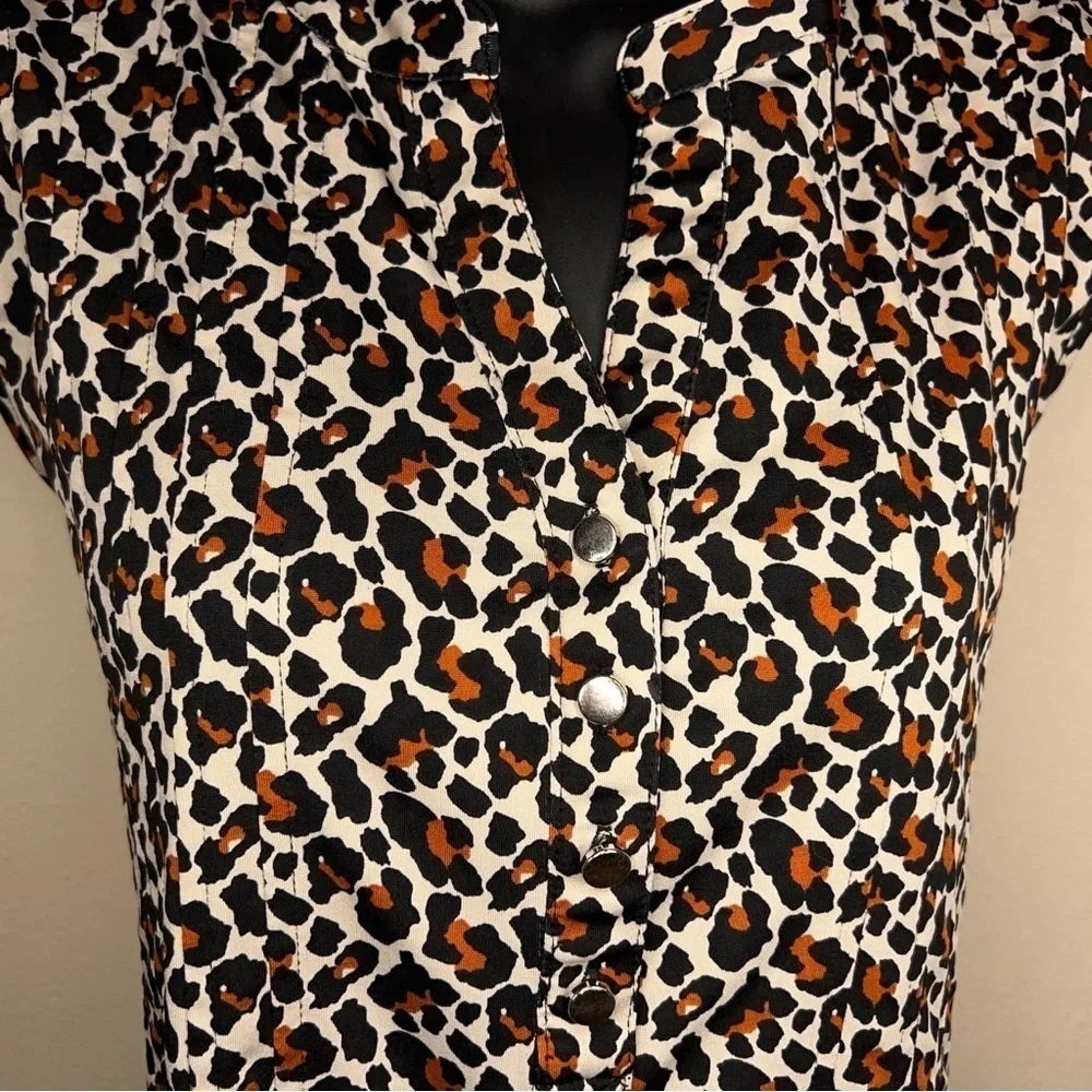MEDIUM KIM ROGERS LEOPARD PRINT BLOUSE SLEEVELESS STRETCH BEIGE BROWN ANIMAL